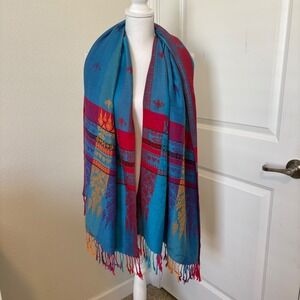 Pashmina 100% Pashmina Scarf Shawl Turquoise Magenta Gold Damask Fringe Wrap